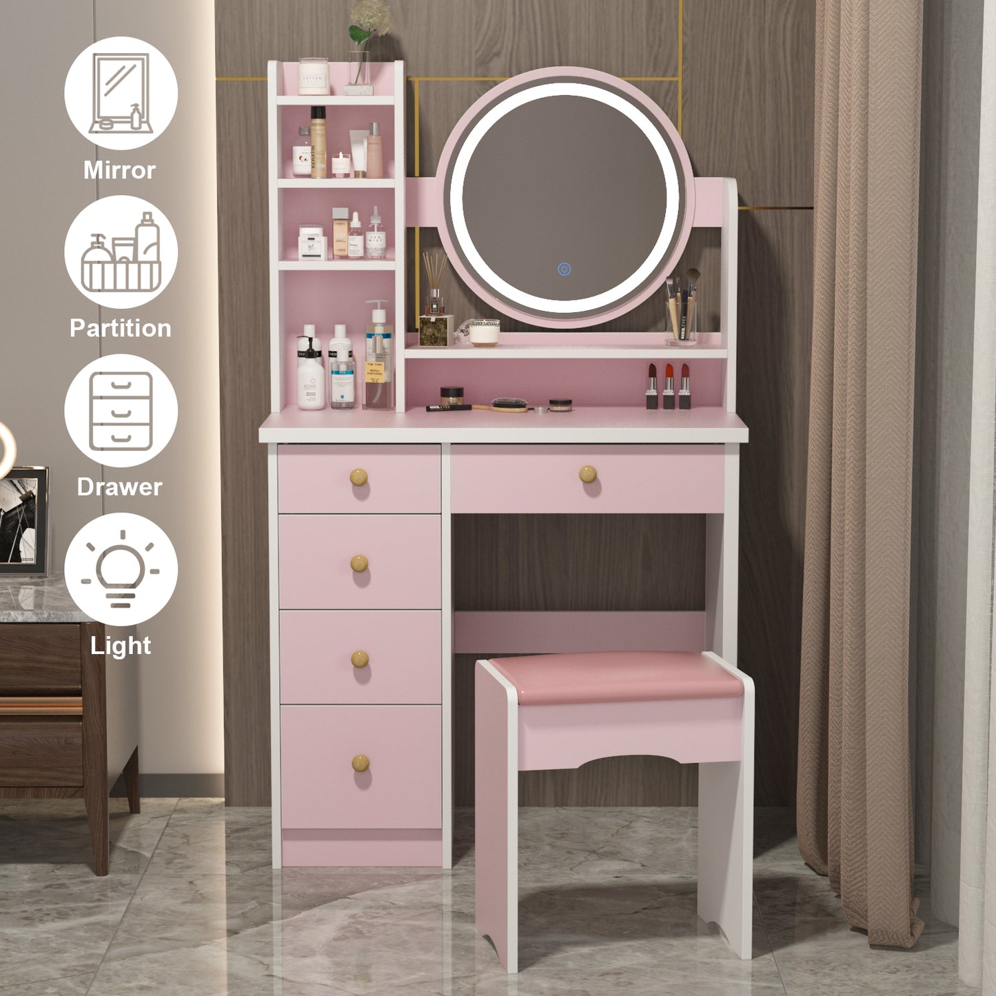 Oxylife Vanity Set with Lighted Mirror, Girls Makeup Vanity Table with 5 Drawers, Shelves and Stool, Pink