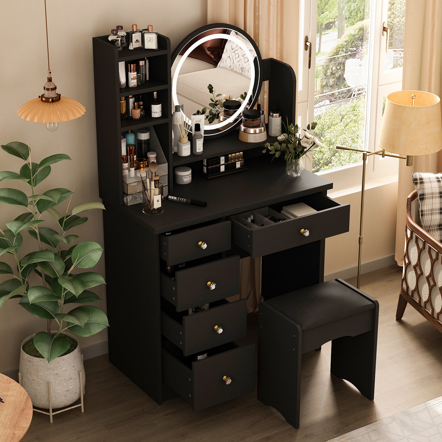 Oxylife Black Makeup Vanity Dressing Table with Mirror, 5 Drawers and Shelves (Round Lighted Mirror )