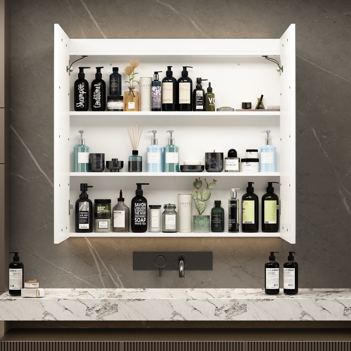 OXYLIFE 35.5" Wall Mounted Mirror Medicine Cabinet with 3 Color Adjustable LED Lights, Defogger and 2 Doors for Bathroom, White