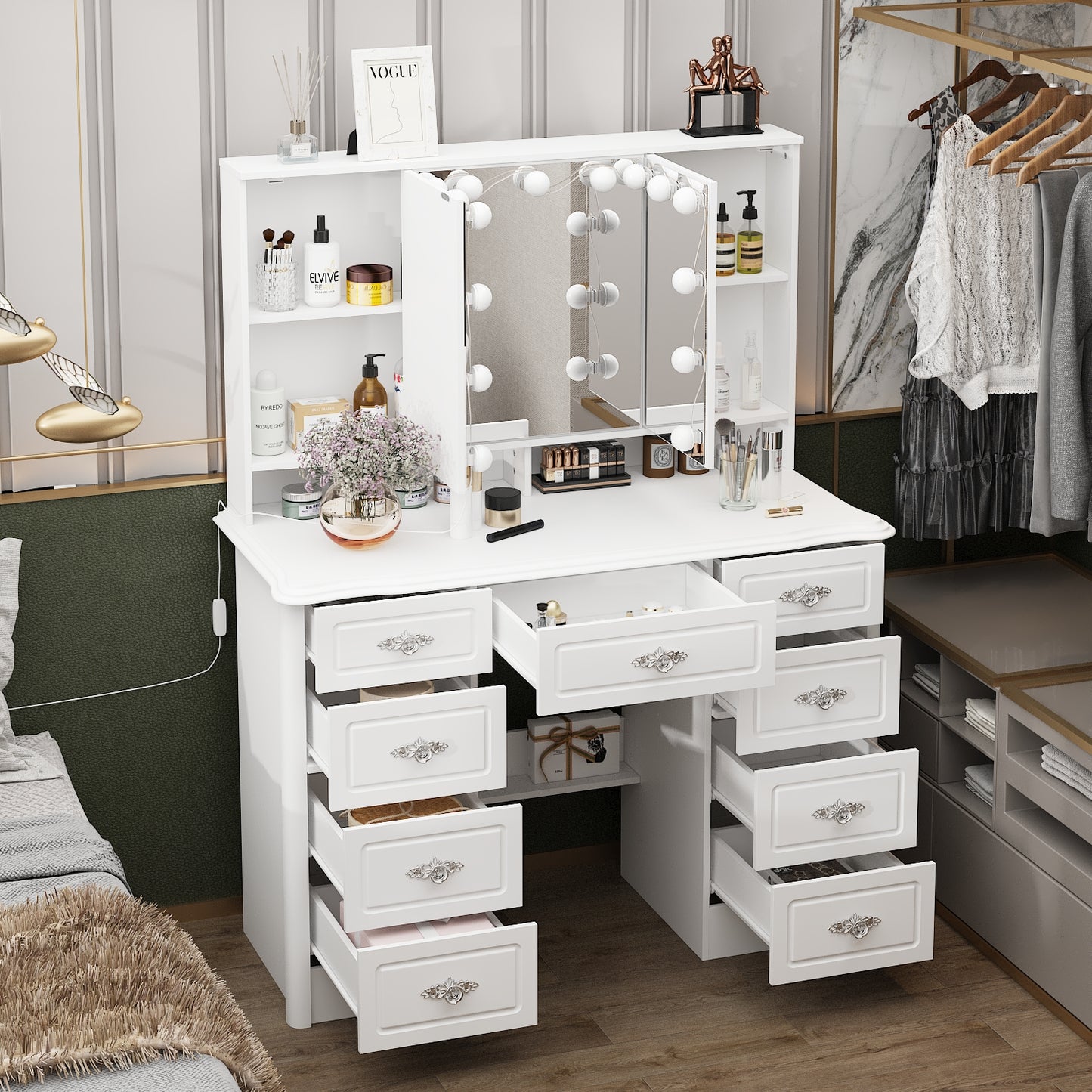 Oxylife Vanity Desk with Lighted Mirror, Makeup Dressing Table with 9 Drawer and Drawer Divier for Bedroom
