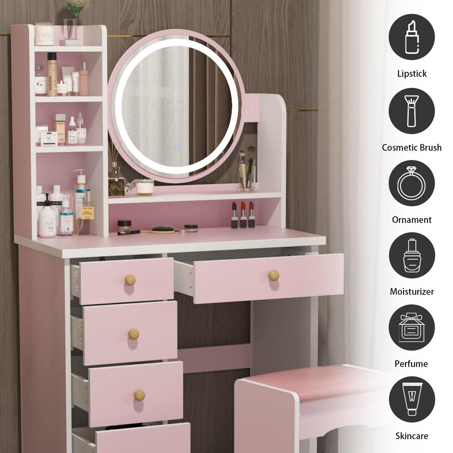 Oxylife Vanity Set with Lighted Mirror, Girls Makeup Vanity Table with 5 Drawers, Shelves and Stool, Pink