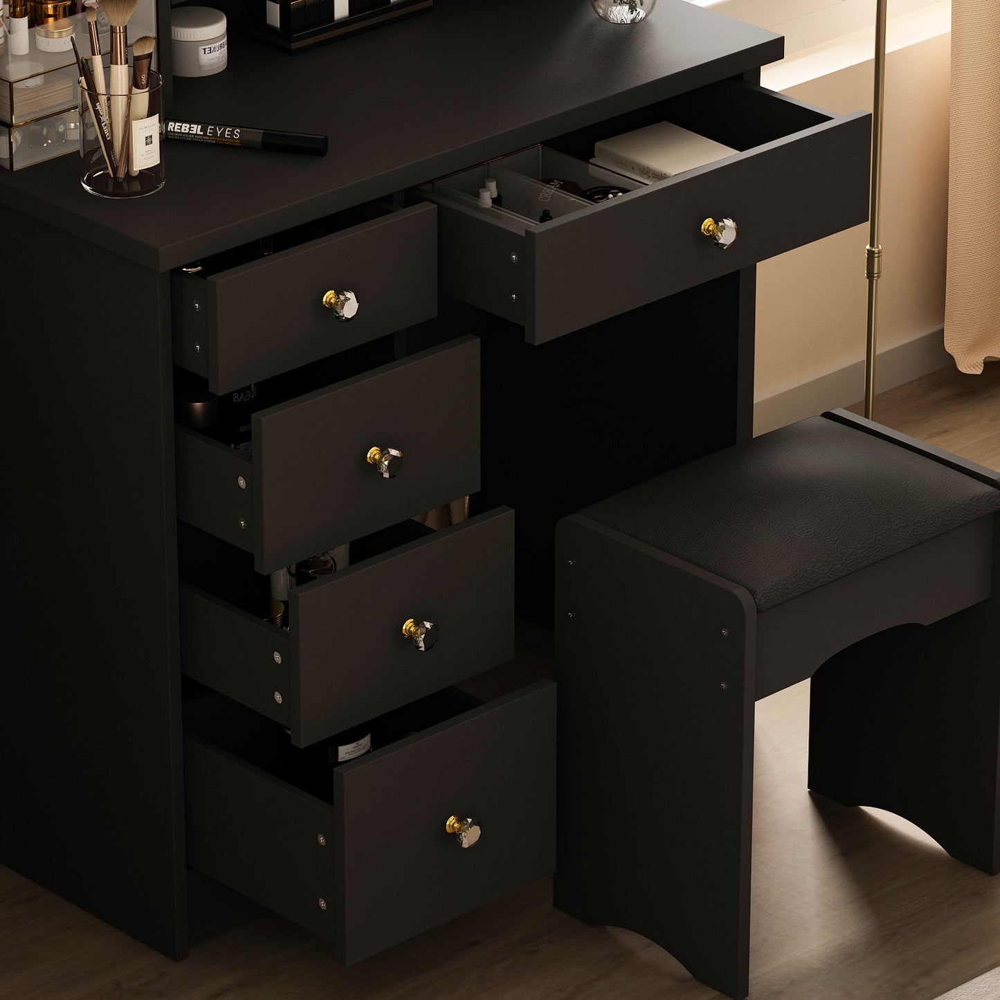 Oxylife Black Makeup Vanity Dressing Table with Mirror, 5 Drawers and Shelves (Round Lighted Mirror )