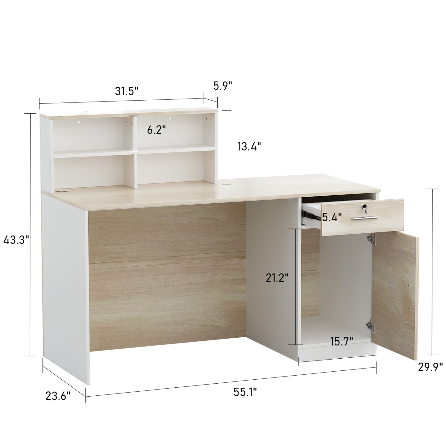 OXYLIFE L-Shape Reception Desk with Hutch and Lockable Drawer, Front Receptionist Area Counter for Office Salon Beauty Barbershop