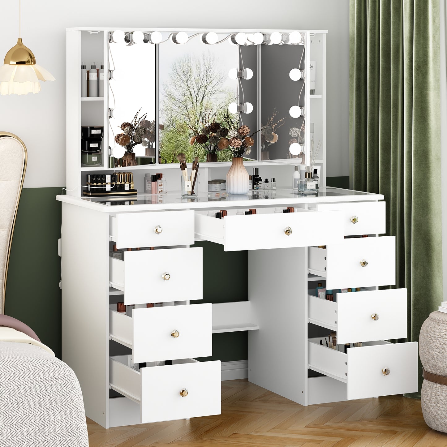 OxyLife Modern Adult Vanity Table Set with Glass Top, Mirror, LED Lights, and 9 Drawers