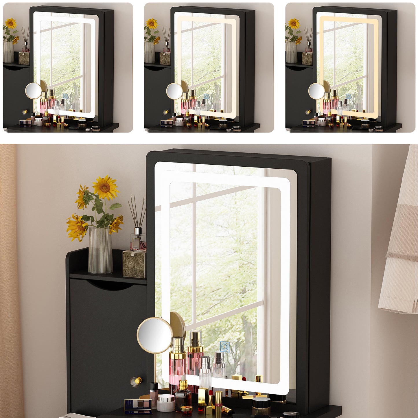 Oxylife Modern Makeup Vanity Table Set Organizer Dressing Desk with Light Mirror, 5 Drawers, Storage Shelves and Cushioned Stool (Black)