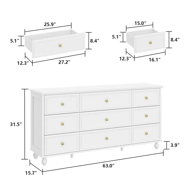 Hitow 9 Drawer Dresser for Bedroom , Chest of Drawer Storage Organizer White, 63"