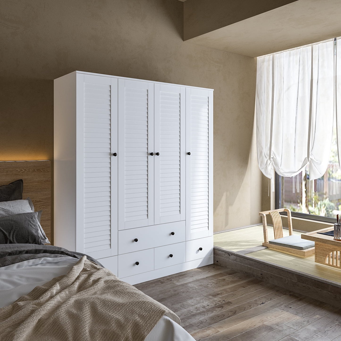 Hitow Wardrobe Armorie with Shutter Door, Closet Storage Cabinet and 5 Drawers and Hanging Rod for Bedroom, White