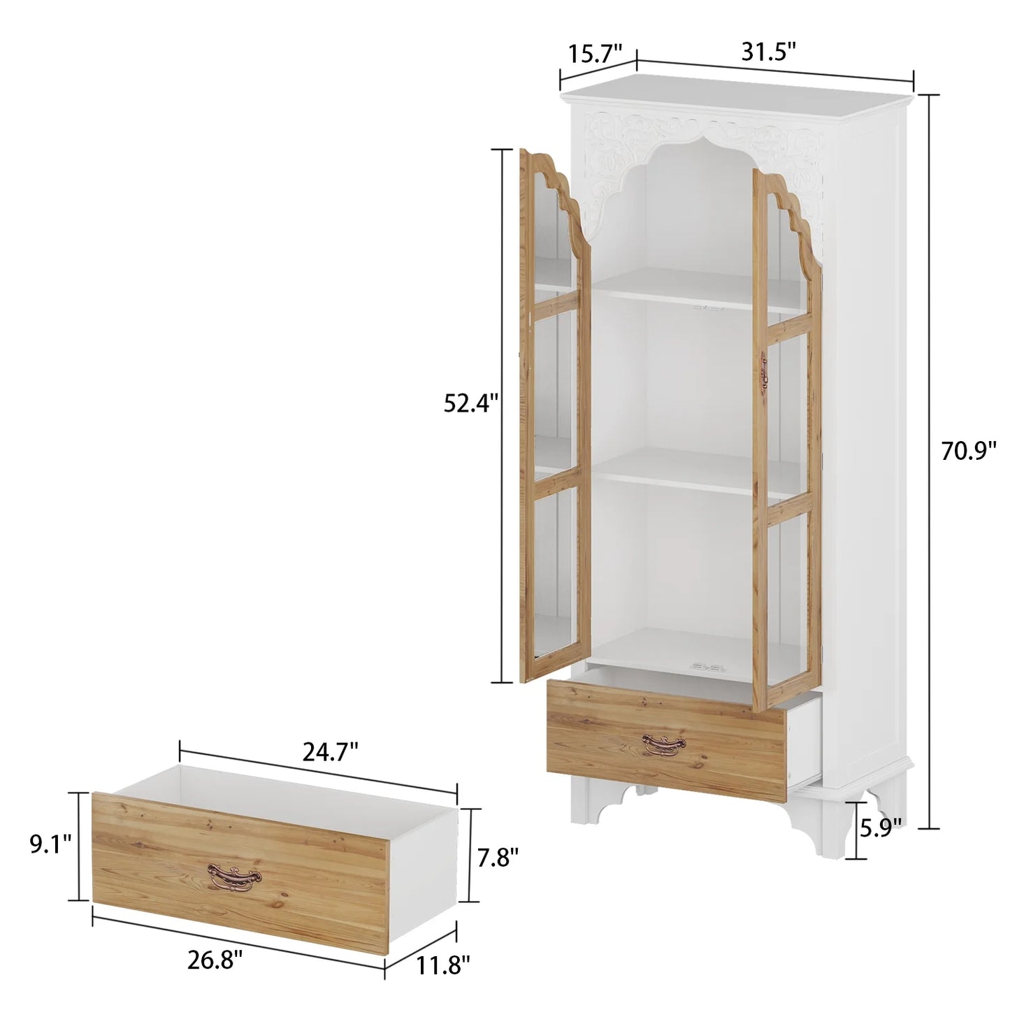 OXYLIFE Bookcase Display Cabinet with Glass Doors, 3 Tier Shelves and Drawer for Living Room