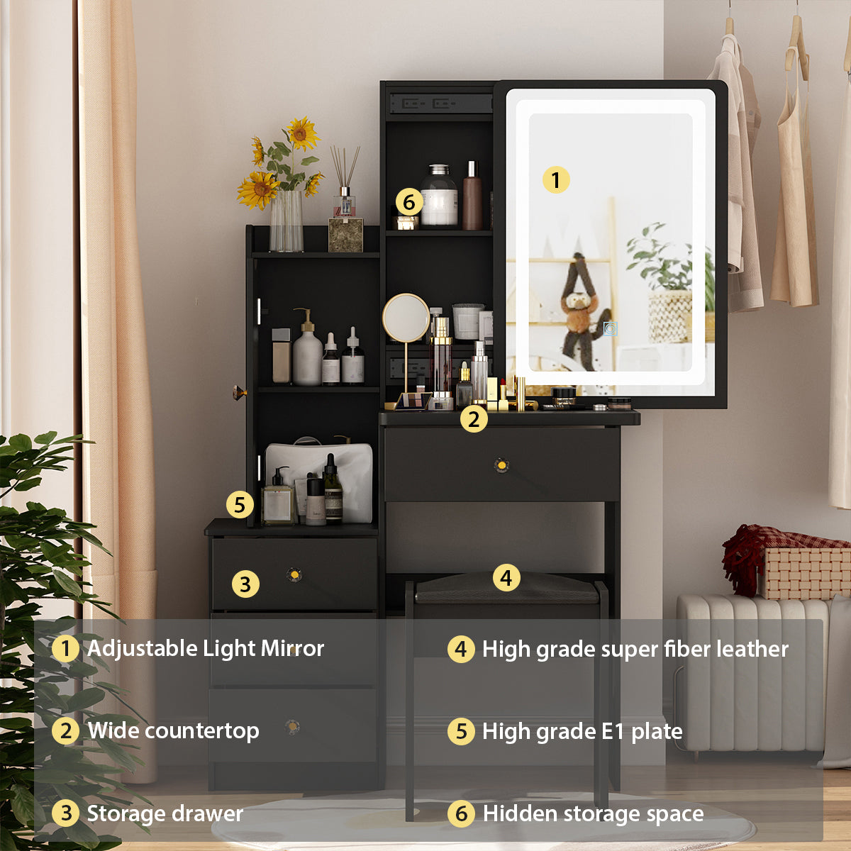 Oxylife Modern Makeup Vanity Table Set Organizer Dressing Desk with Light Mirror, 5 Drawers, Storage Shelves and Cushioned Stool (Black)