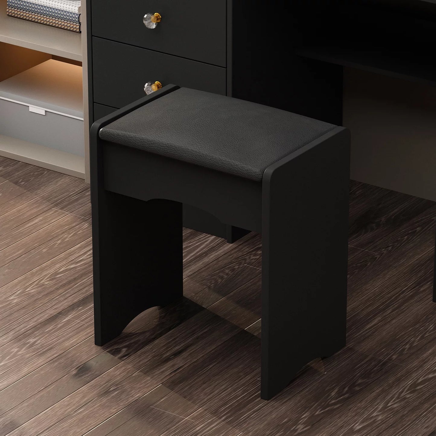 OXYLIFE Makeup Vanity Desk with Sliding Mirror, 4 Drawers and Cushioned Stool, Black