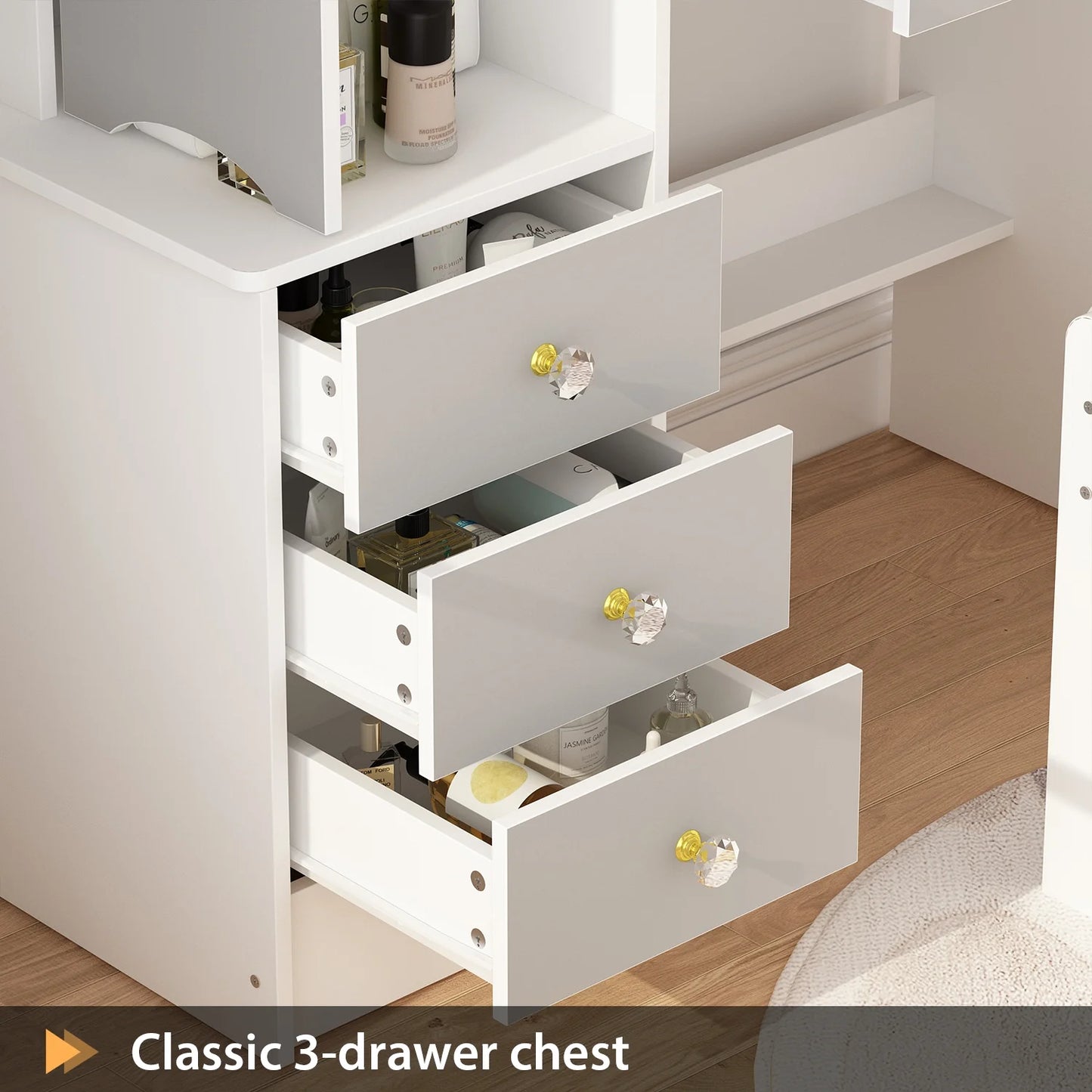 Makeup Vanity Dressing Table with Sliding Lighted Mirror, 4 Drawers and Shelves, Dresser Desk with Cushioned Stool for Women Girl, White&Gray