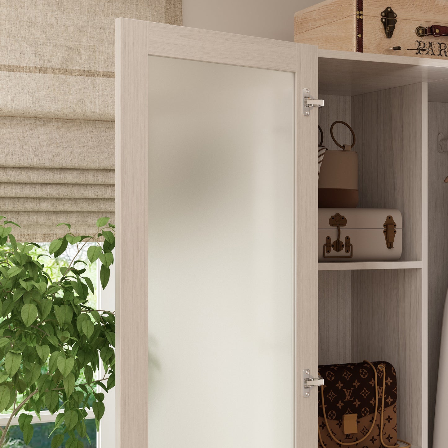 OXYLIFE 70.9 inch Corner L Shaped Clothing Armoire Wardrobe Closet with 2 Frosted Glass Doors, Hanging Rod and Drawers for Bedroom