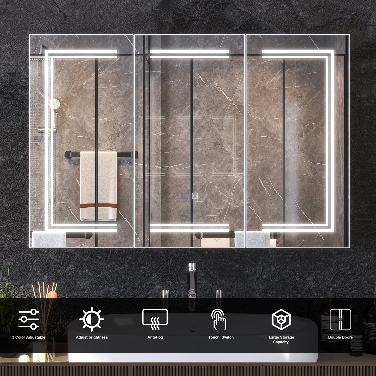 OXYLIFE 47.2" Wall Mounted Mirror Medicine Cabinet with 3 Color LED Lights, Defogger and 3 Doors for Bathroom, White