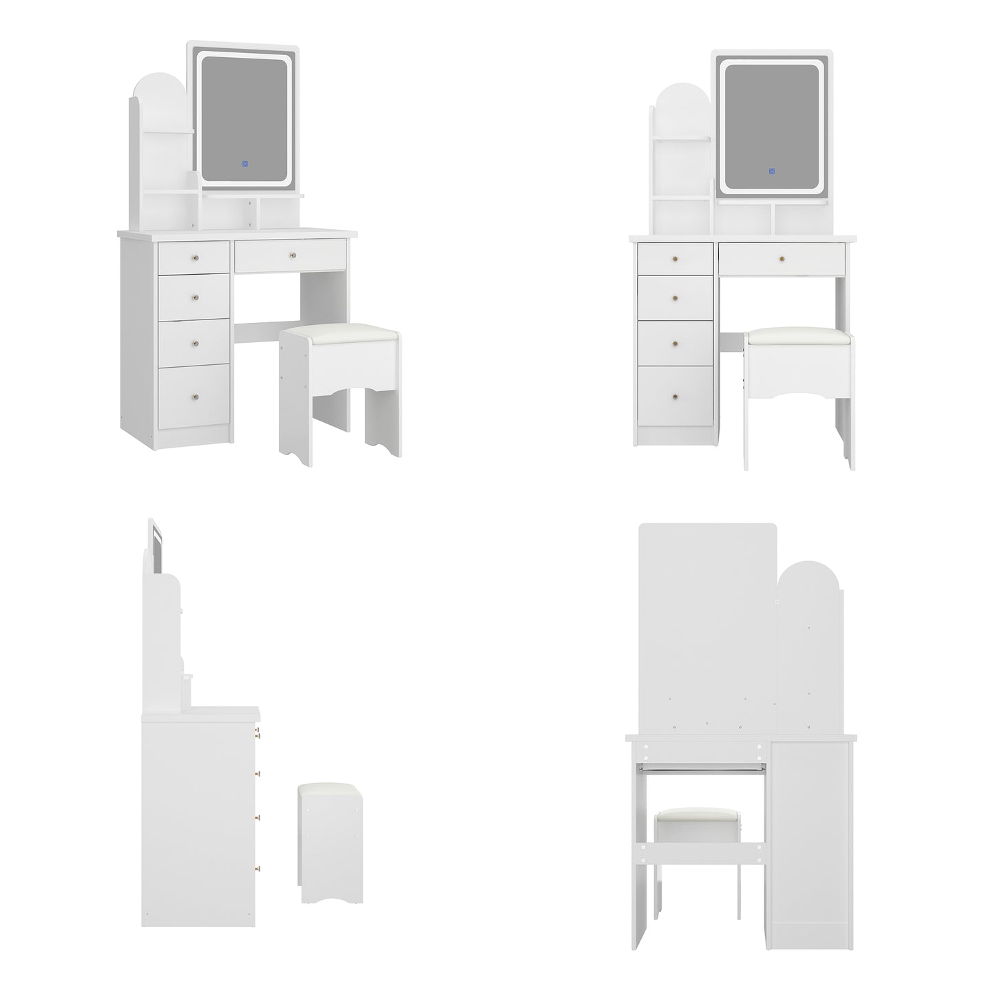 Oxylife Vanity Set with 5 Drawers and Shelves, Makeup Table with Light Mirror,White