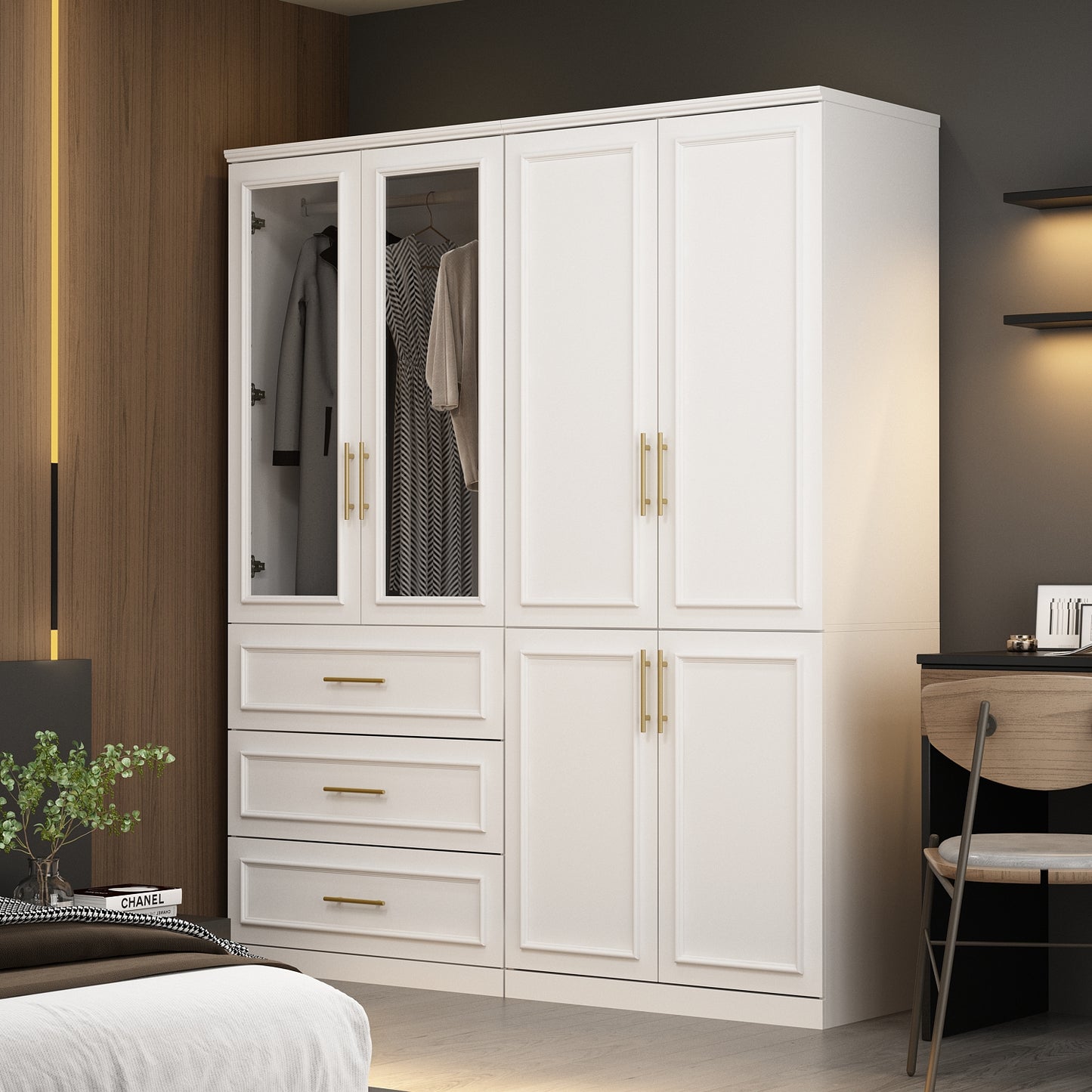 Oxylife Wardrobe Armoire Closet Cabinet with Glass Doors, Hanging Rod and 3 Drawers, 63.3" Wide