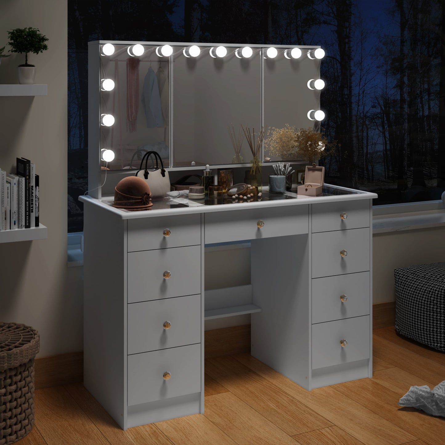 OXYLIFE Makeup Vanity Desk with Glass Top, Mirror, 3 Color Lights, 9 Drawers for Bedroom