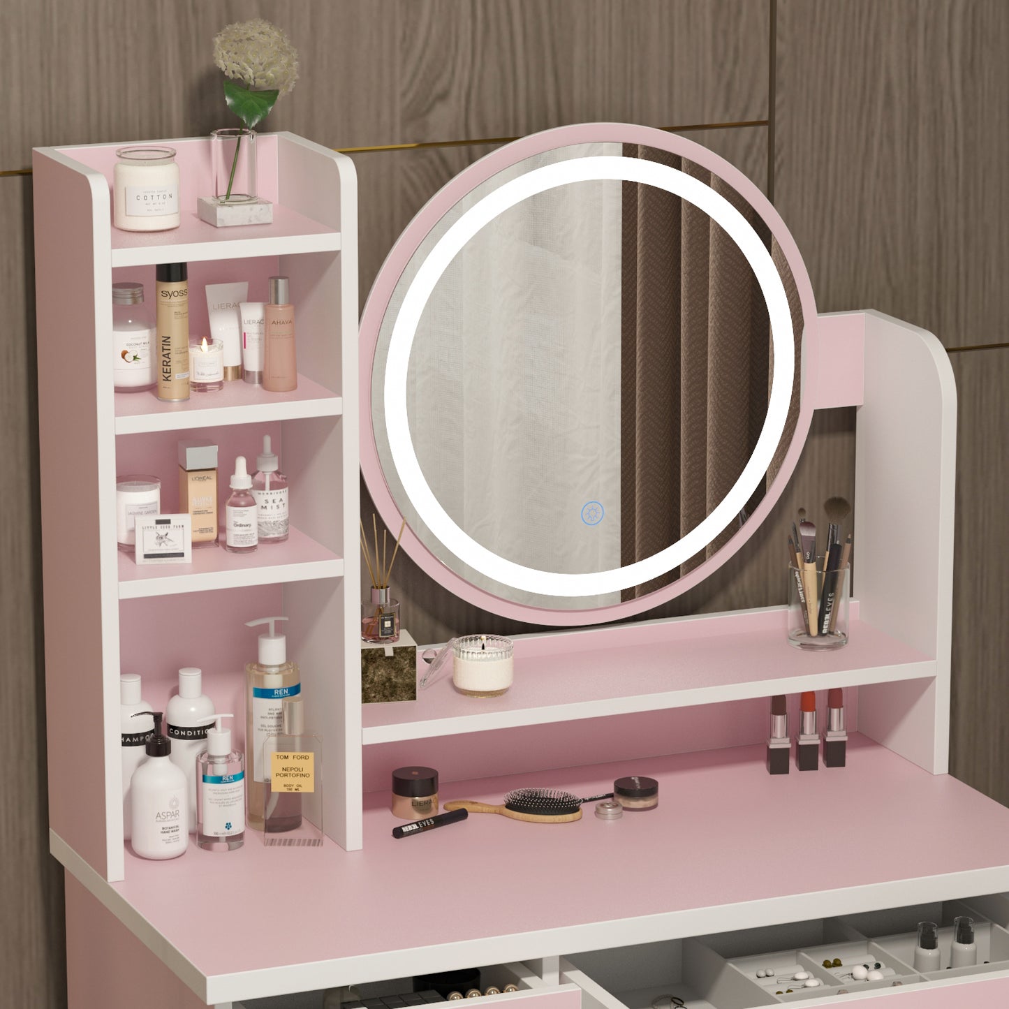 Oxylife Vanity Set with Lighted Mirror, Girls Makeup Vanity Table with 5 Drawers, Shelves and Stool, Pink