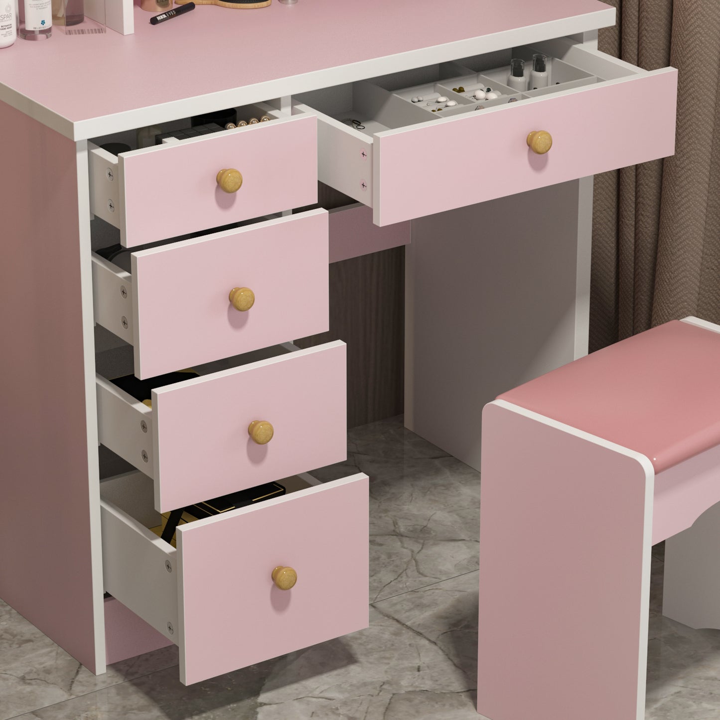 Oxylife Vanity Set with Lighted Mirror, Girls Makeup Vanity Table with 5 Drawers, Shelves and Stool, Pink