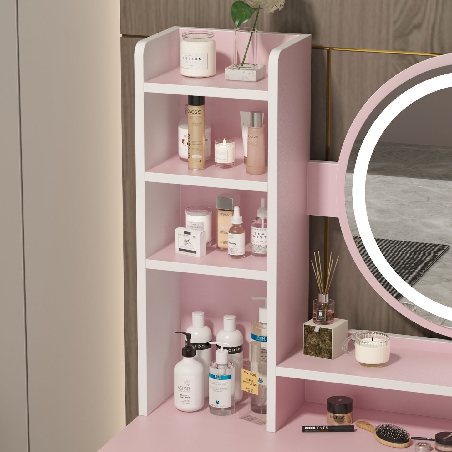 Oxylife Vanity Set with Lighted Mirror, Girls Makeup Vanity Table with 5 Drawers, Shelves and Stool, Pink