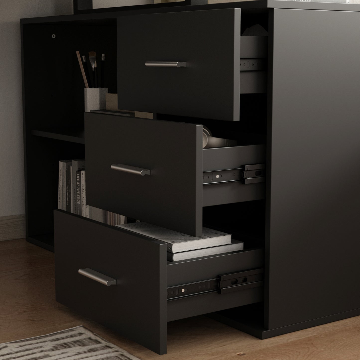 OXYLIFE Home Office Desk, 55 Inch Wood and Metal Study Corner Desk, Writing Workstation with Shelves and File Cabinet, Black