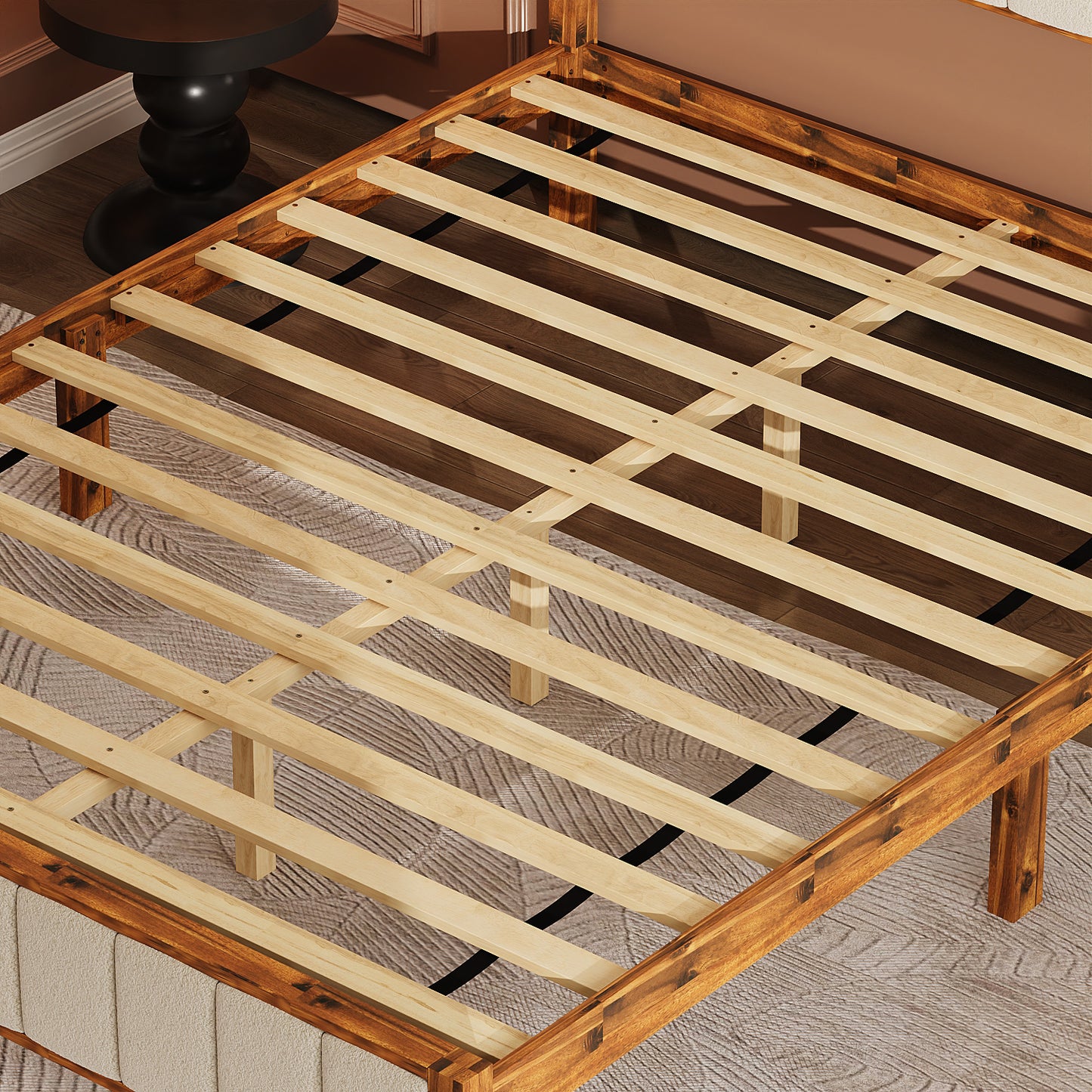 Oxylife Queen Size Bed Frame with Velvet Headboard,Upholstered Wood Platform Bed Frame,12 Slats,Walnut & Beige, 85.2”L x 62.8”W x 41”H