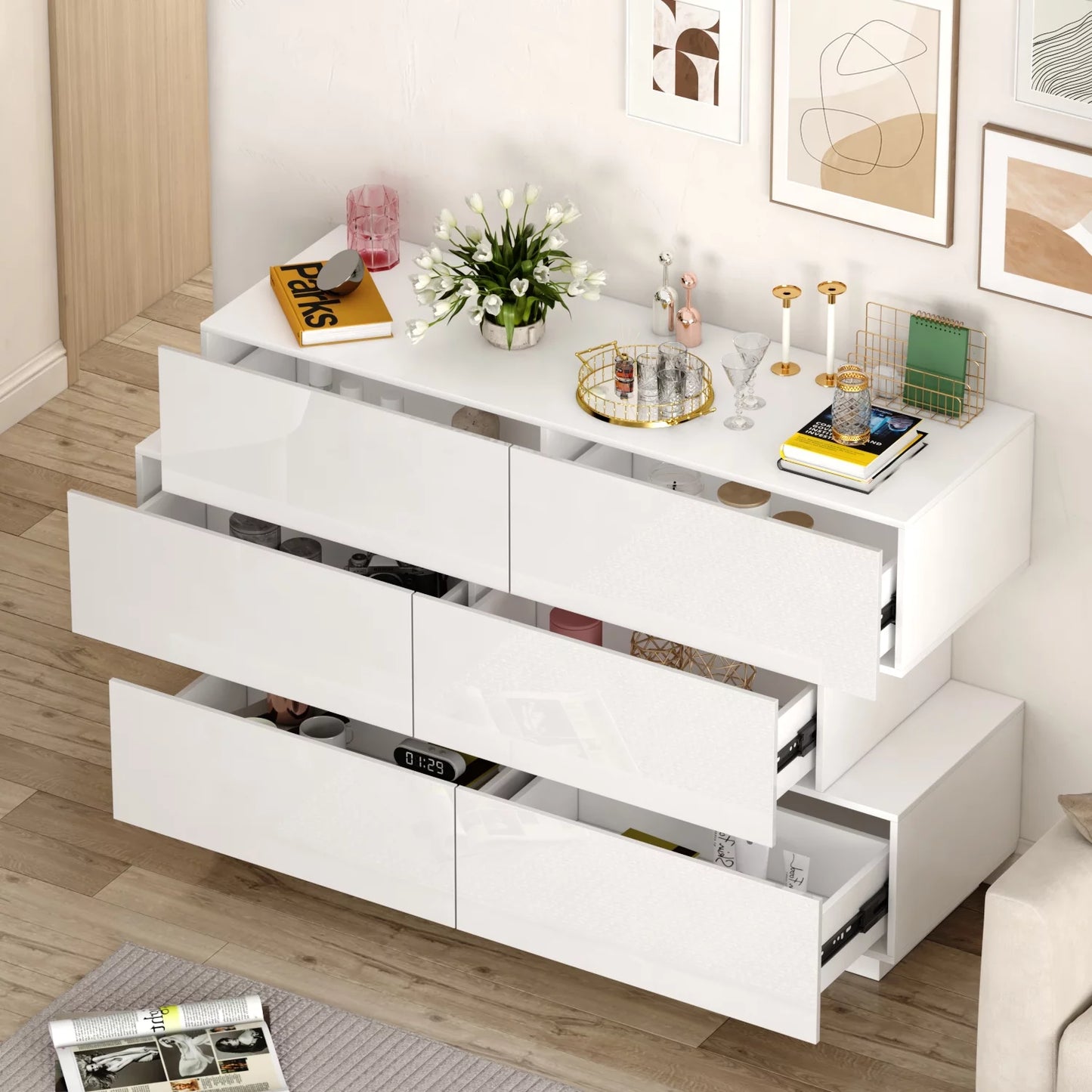 Modern 6 Drawer Dresser Storage, Stylish Shape Wood Chest of Drawer Chest for Bedroom Living Room, White Glossy Finish