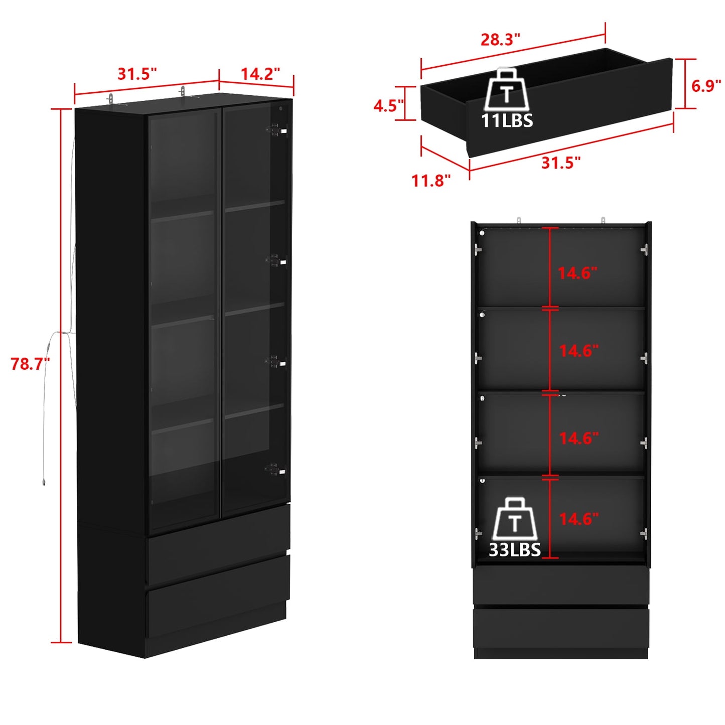 OXYLIFE Bookcase Display Cabinet with Lights, Pop-up Glass Doors, 2 Drawers and 4 Shelves, Black