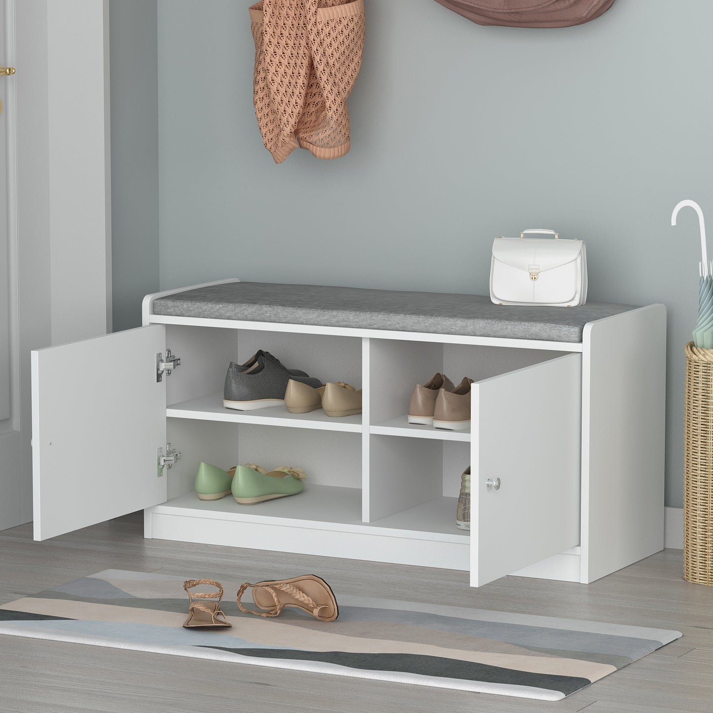 Entrance Shoe Bench Storage with Seat, White Bench Shoe Cabinet