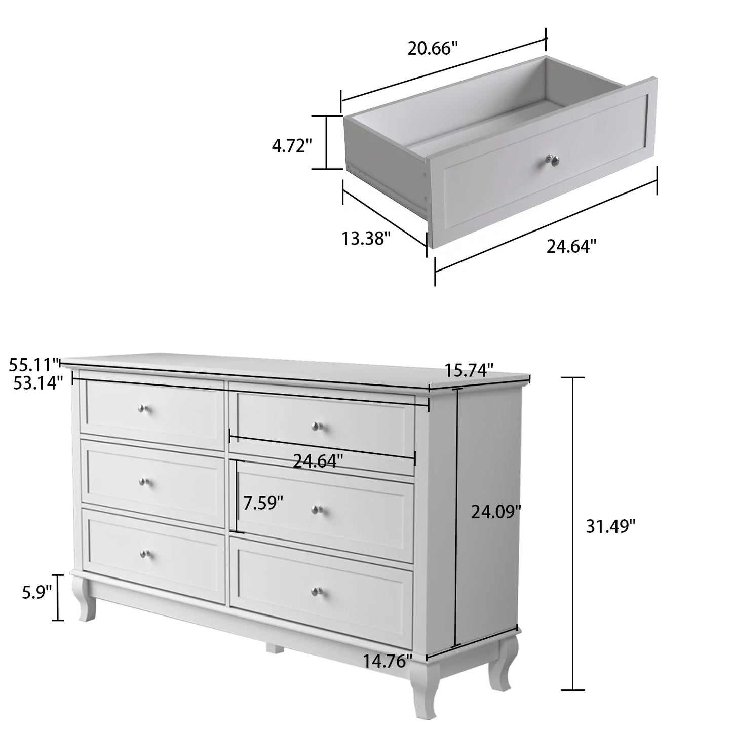 OXYLIFE 6 Drawer Dresser, Wood Double Dresser Chest of Drawer Storage Organizer Unit for Bedroom Living Room, White