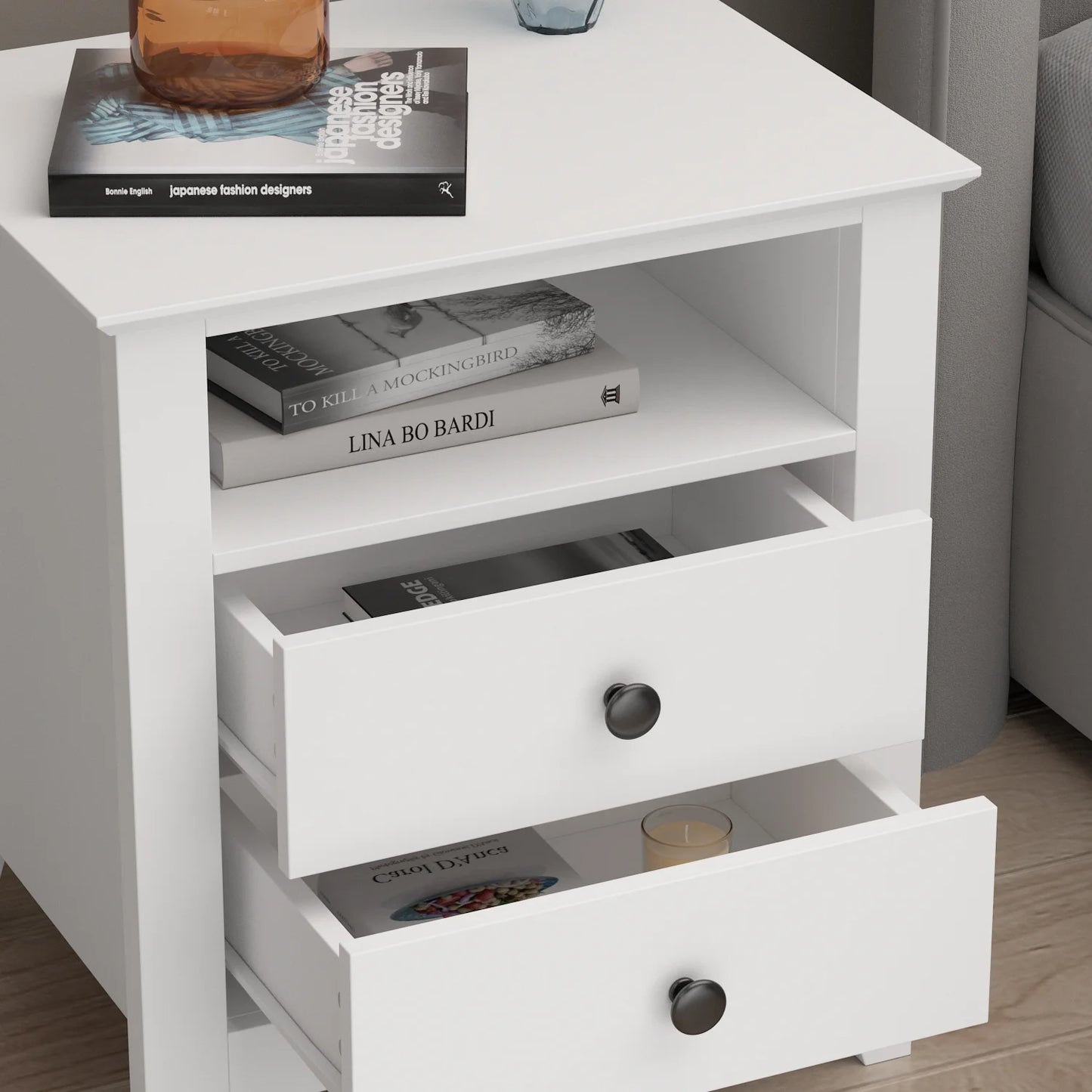 Oxylife Bedside Table Nightstand with 2 Drawers and Opened Shelf for Bedroom Living Room White