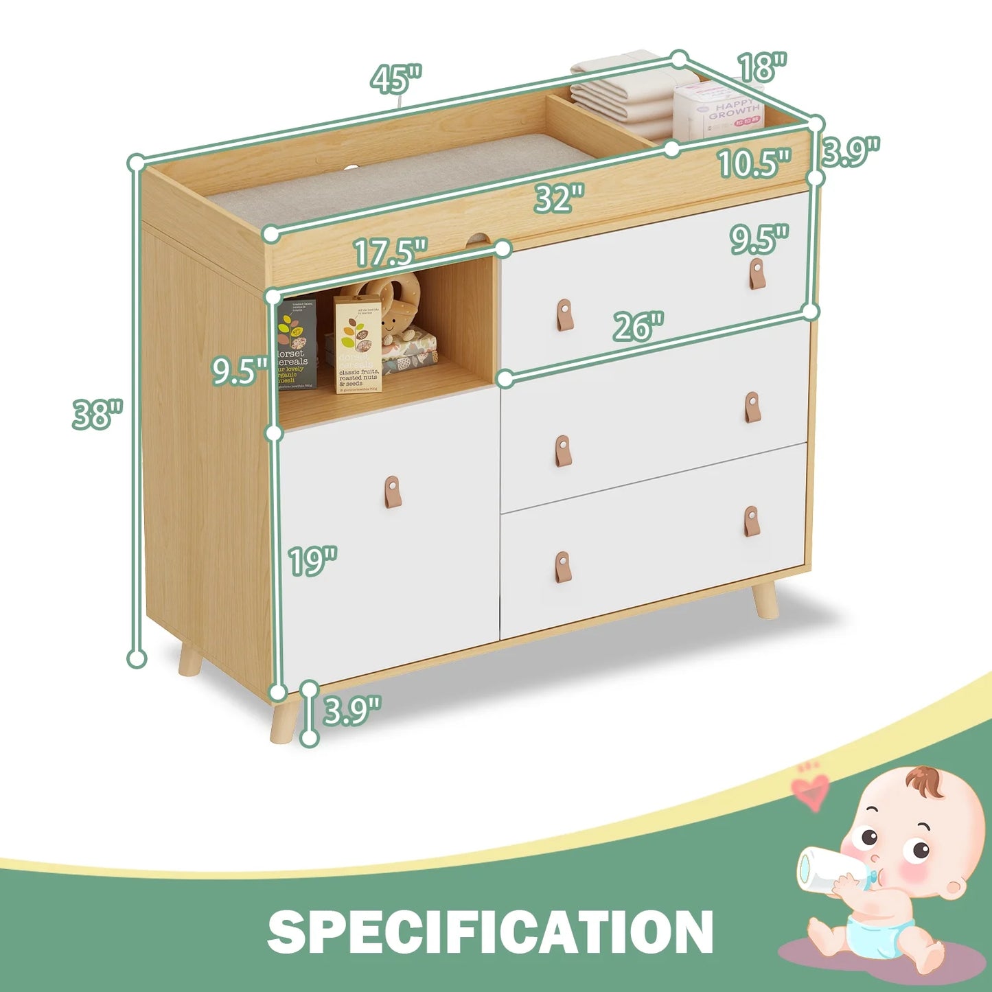 OXYLIFE Baby Nursery Changing Table Dresser with 3 Drawers and Shelf for Nursery Room, White+Natural