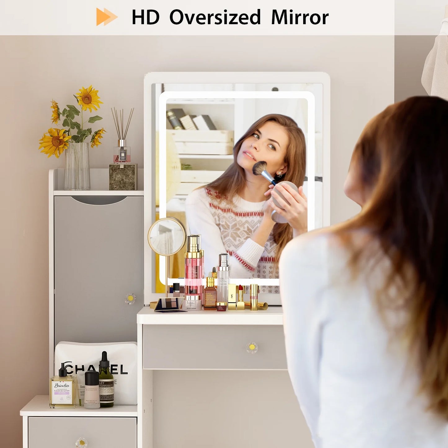 Oxylife Vanity Table Set Makeup Organizer Table with Sliding Lighted Mirror and 4 Drawers, White&Gray