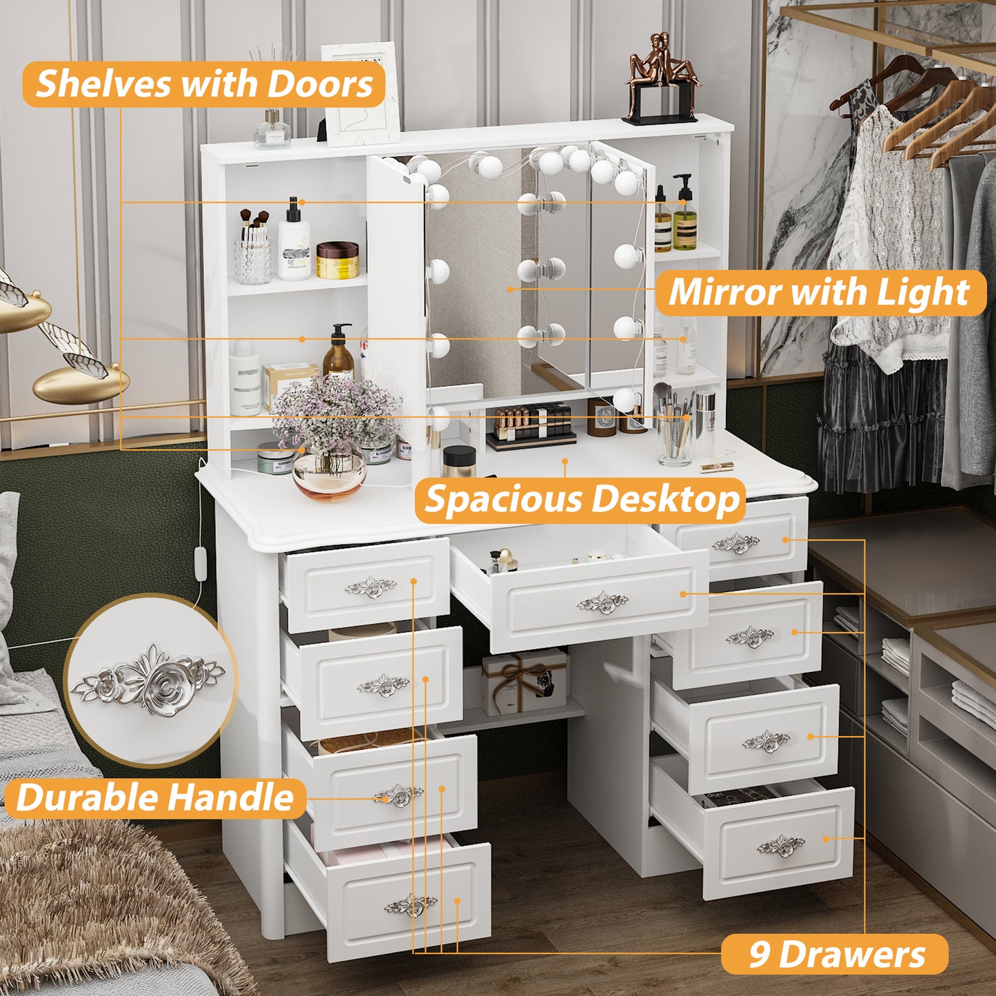 Oxylife Vanity Desk with Lighted Mirror, Makeup Dressing Table with 9 Drawer and Drawer Divier for Bedroom