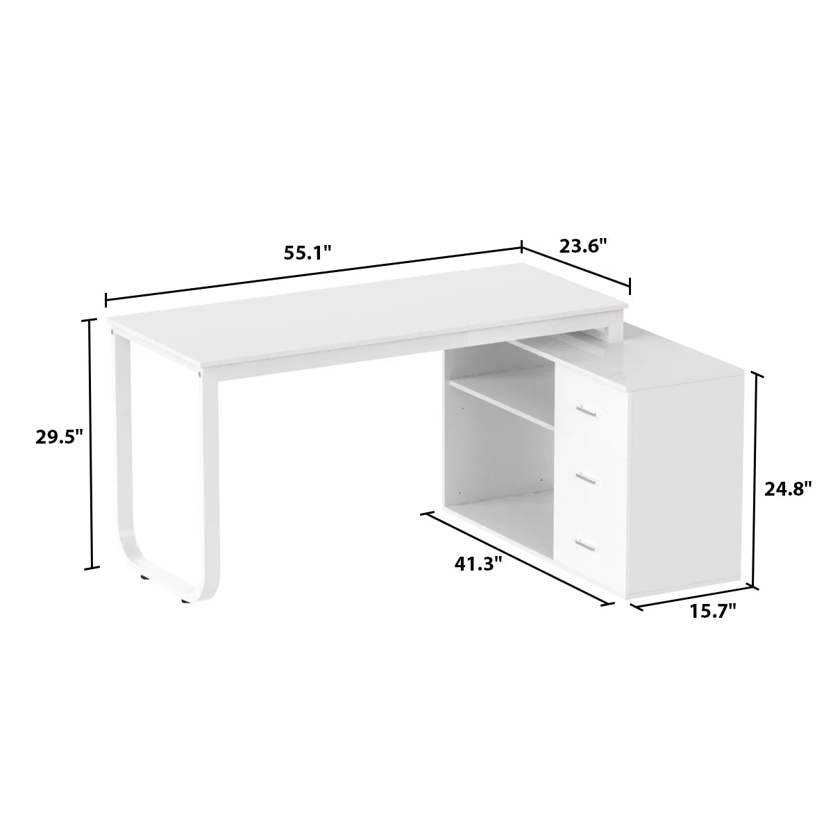 Oxylife Home Office Desk, 55 Inch Wood and Metal Study Corner Desk, Writing Workstation with Shelves and File Cabinet, White