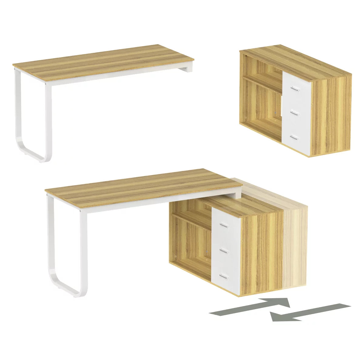 OXYLIFE Home Office Desk, 55 Inch Wood and Metal Study Corner Desk, Writing Workstation with Shelves and File Cabinet, Oak