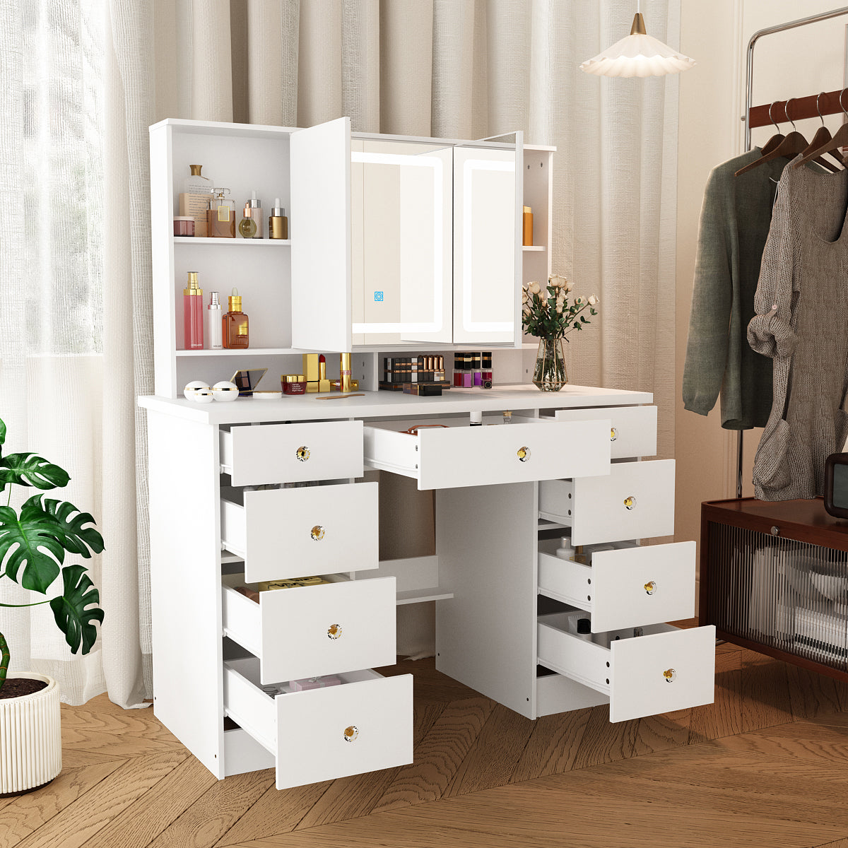 OxyLife Vanity Desk with Mirror and Lights, 9 Piece, LED Light and Storage Table Set, White/Grey