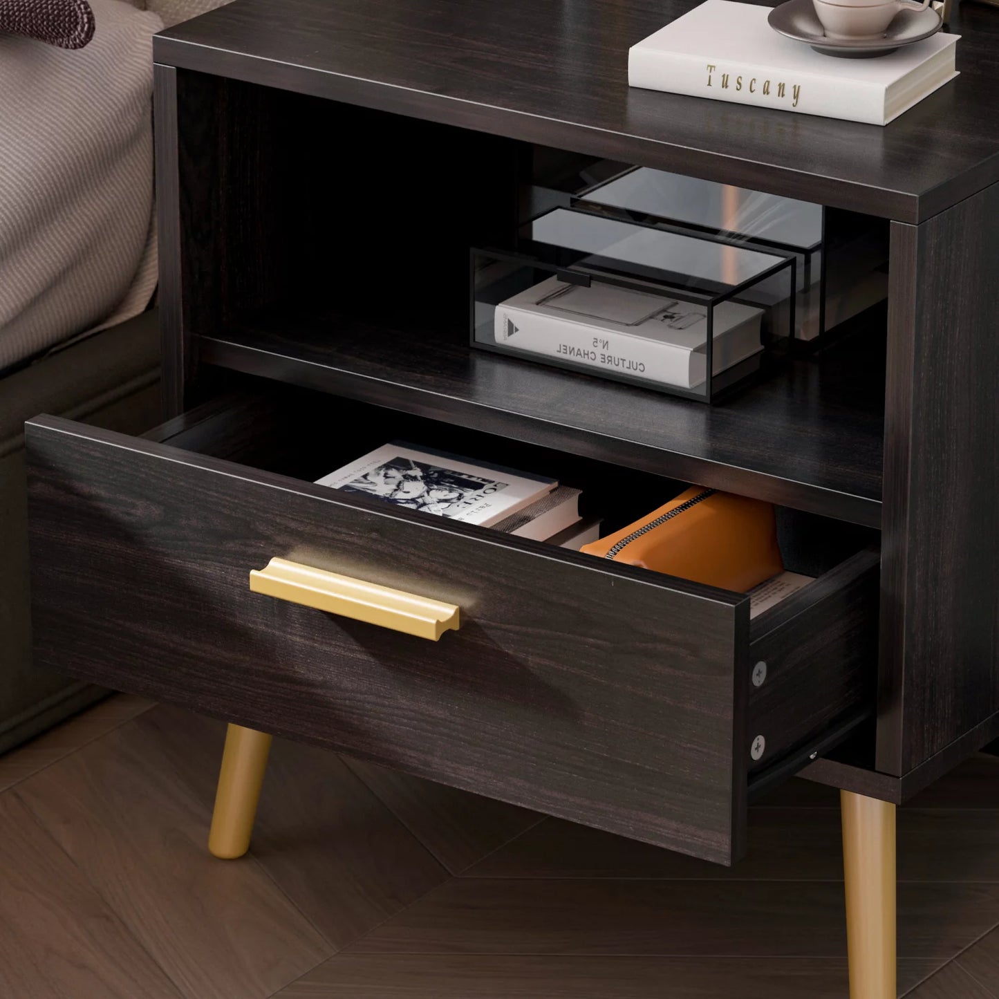 OXYLIFE Modern Nightstand Bedside Table, End Side Table with Drawer and Open Cubby, Black&Brown