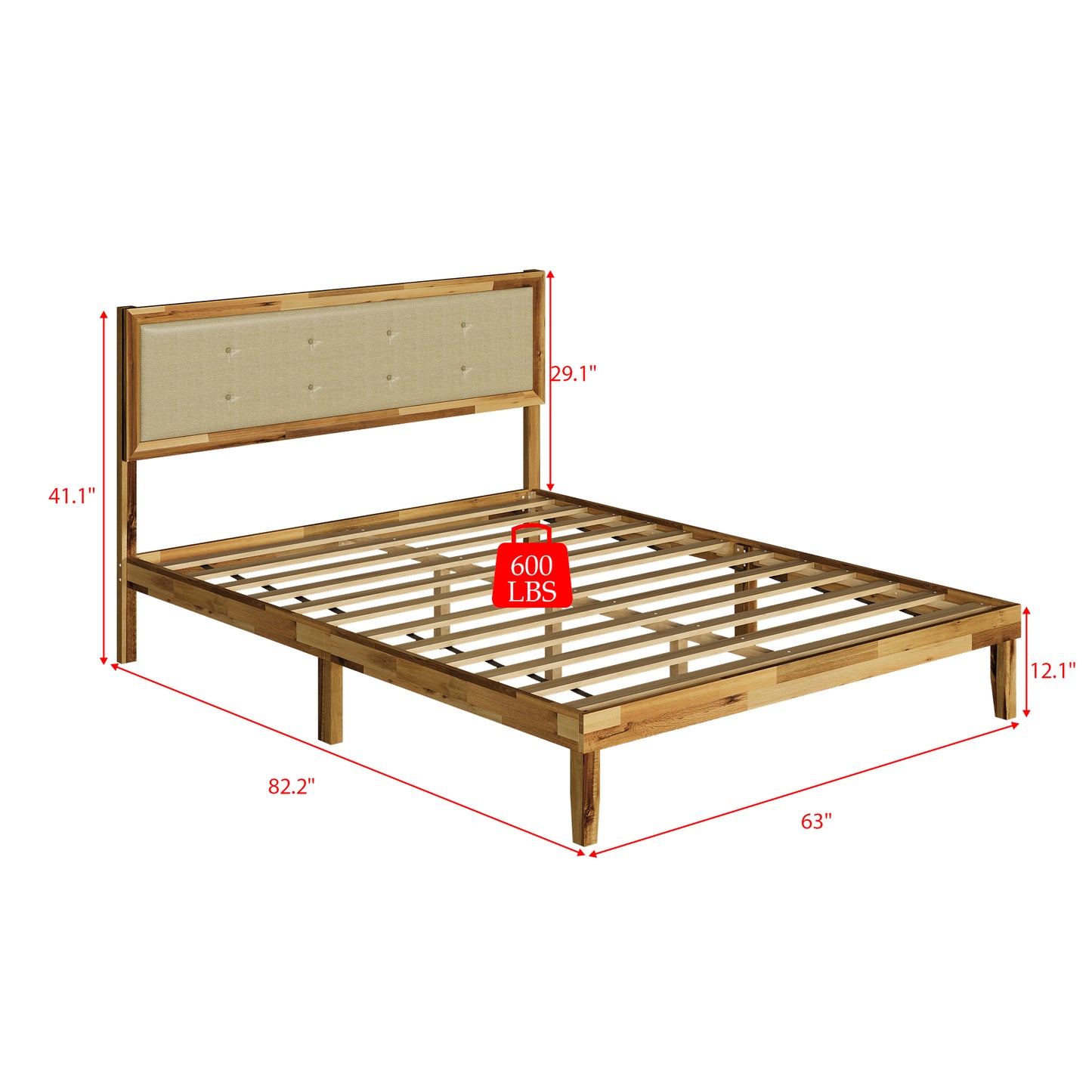 Oxylife Queen Size Bed Frame with Fabric Headboard,Upholstered Wood Platform Bed Frame,12 Slats,Natural, 82.2”L x 63”W x 41.1”H