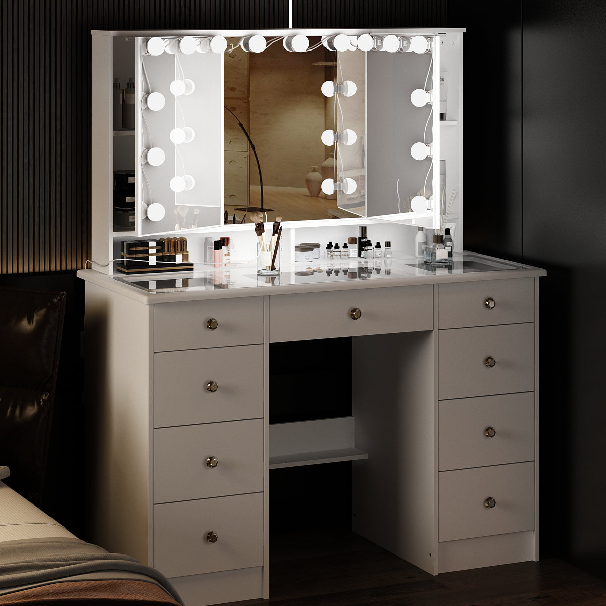 OxyLife Modern Adult Vanity Table Set with Glass Top, Mirror, LED Lights, and 9 Drawers