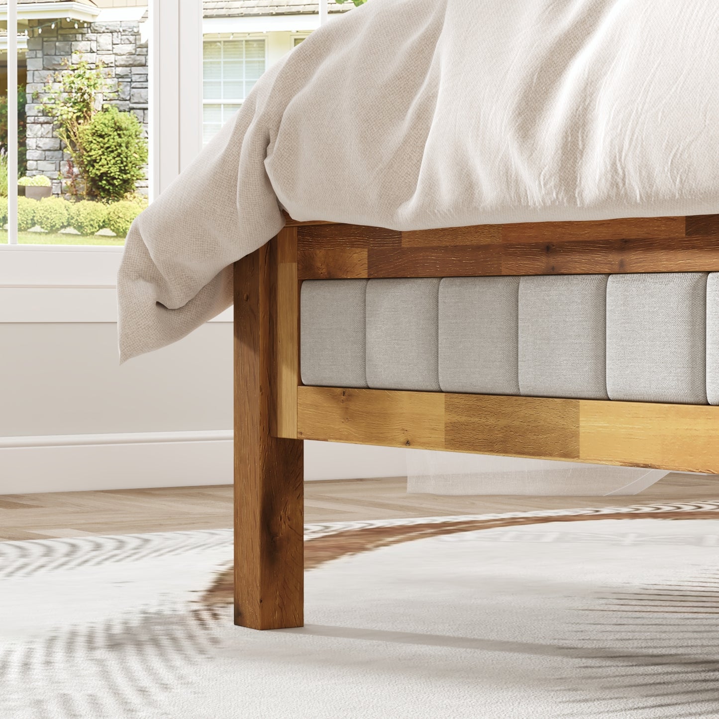 Oxylife Queen Size Bed Frame Fabric Headboard,Upholstered Wood Platform Bed Frame,12 Slats,Natural & Grey, 83.4”L x 63.9”W x 42.1”H