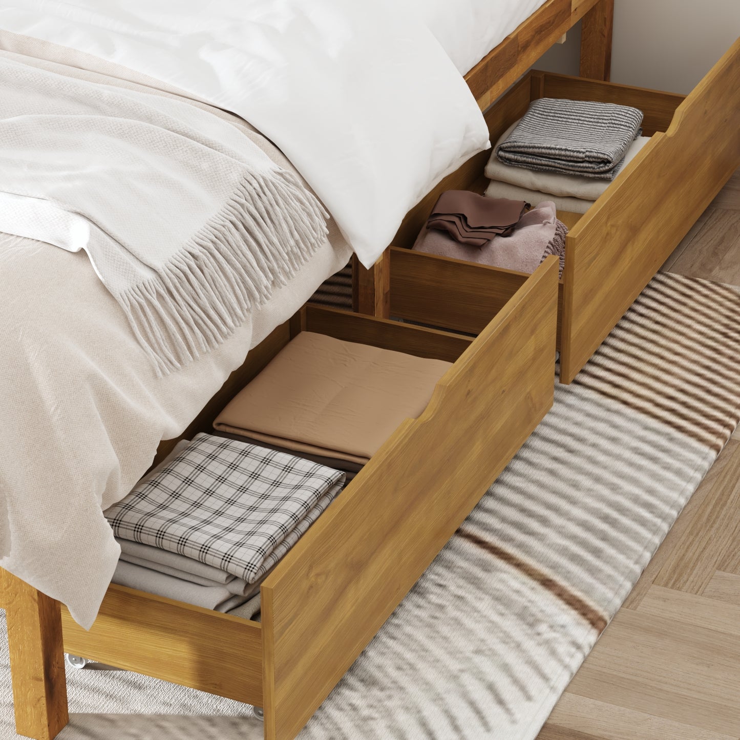 Oxylife Queen Size Bed Frame Fabric Headboard,Upholstered Wood Platform Bed Frame,12 Slats,Natural & Grey, 83.4”L x 63.9”W x 42.1”H