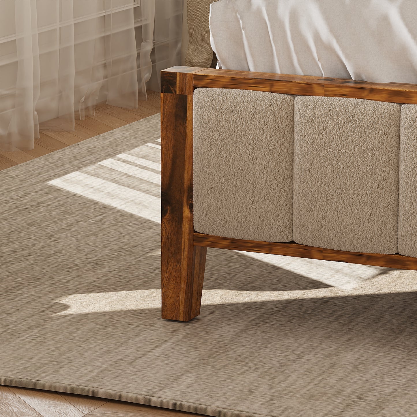 Oxylife Queen Size Bed Frame with Velvet Headboard,Upholstered Wood Platform Bed Frame,12 Slats,Walnut & Beige, 85.2”L x 62.8”W x 41”H