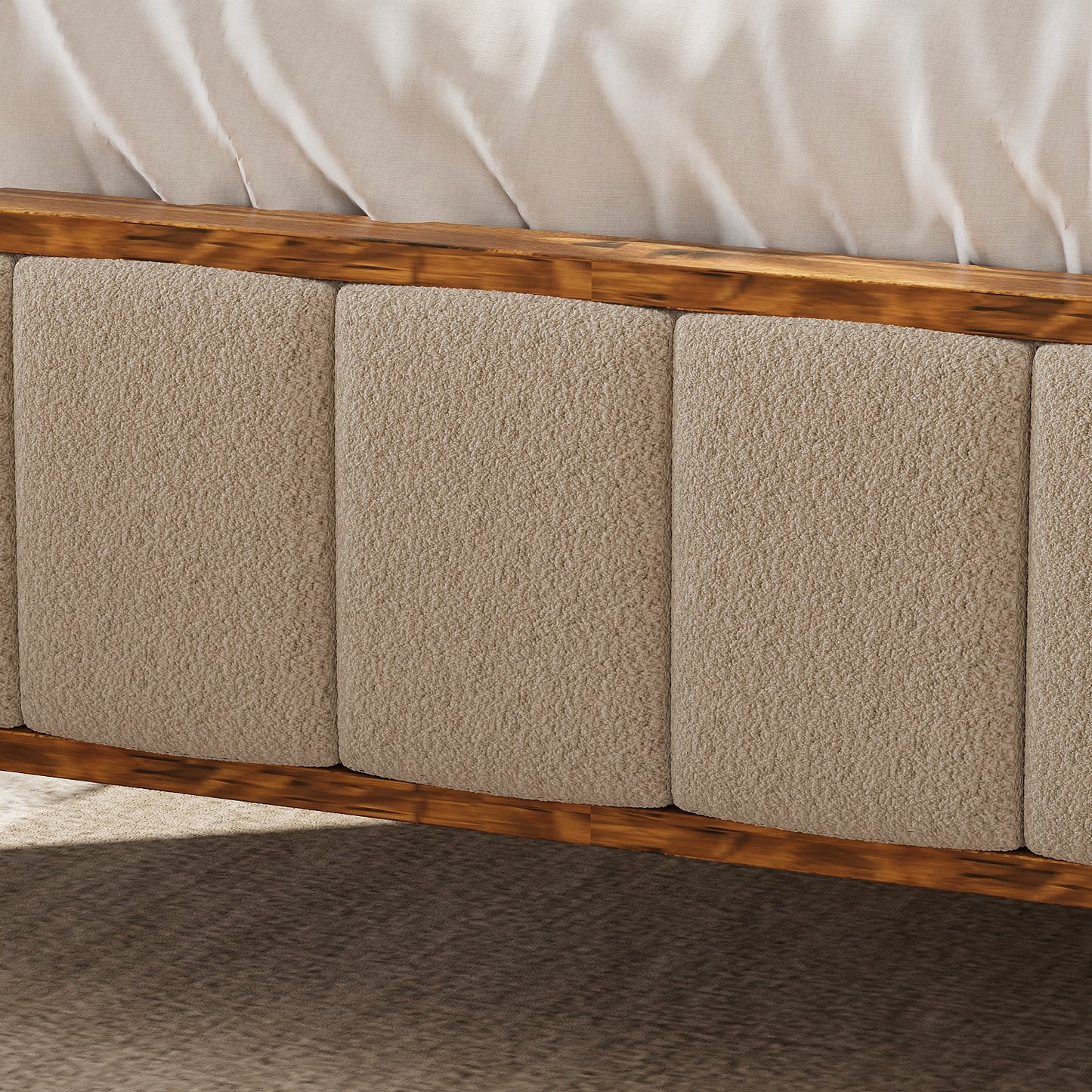 Oxylife Queen Size Bed Frame with Velvet Headboard,Upholstered Wood Platform Bed Frame,12 Slats,Walnut & Beige, 85.2”L x 62.8”W x 41”H