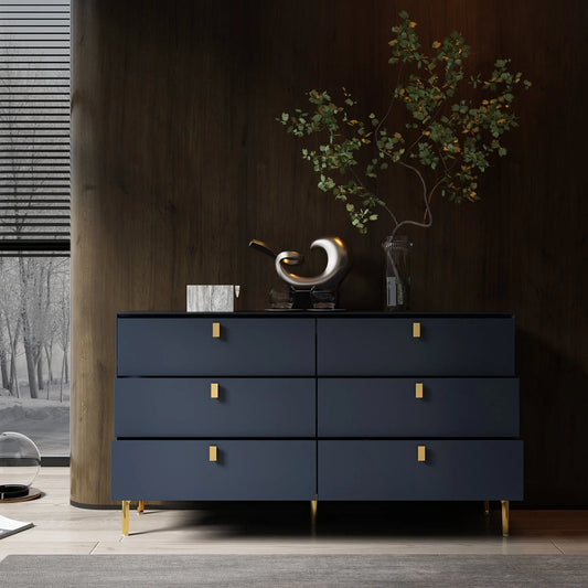 Oxylife Wooden Double Dresser with 6 Drawes, Modern Chest of Drawer for Closet Hallway Bedroom, Navy