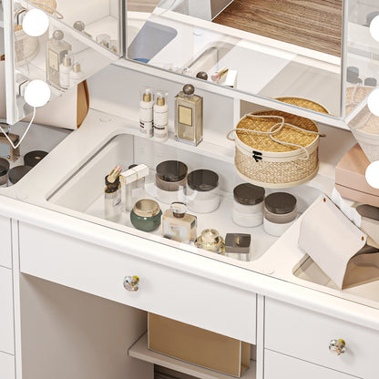 OxyLife Modern Adult Vanity Table Set with Glass Top, Mirror, LED Lights, and 9 Drawers