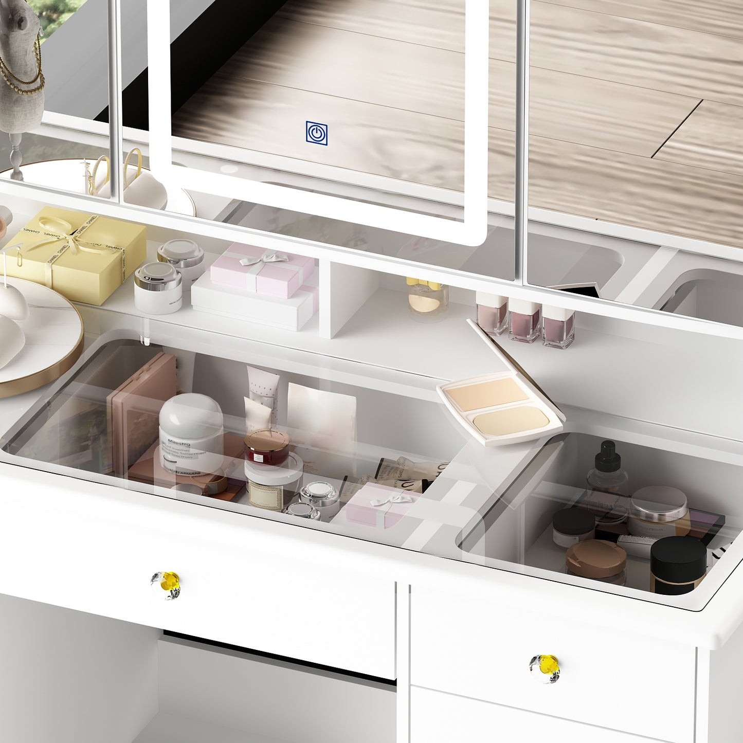 OxyLife Modern Adult Vanity Table Set with Glass Top, Mirror, LED Lights and 9 Drawers