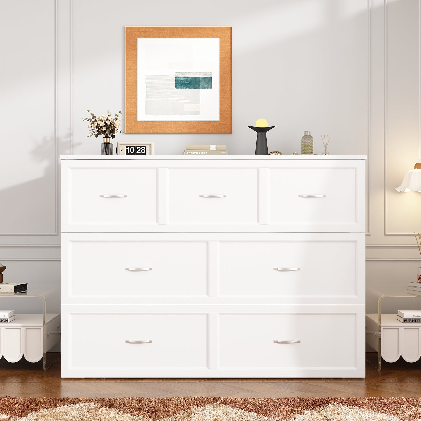 OXYLIFE Murphy Bed, 2 in 1 Convertible Chest Bed Cabinet with Drawer and USB Charging Station for Bedroom, Full Size