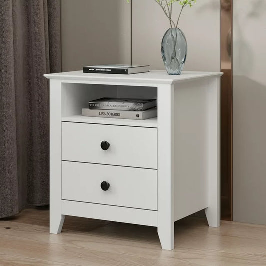 OXYLIFE Bedside Table Nightstand with 2 Drawers and Opened Shelf for Bedroom Living Room White