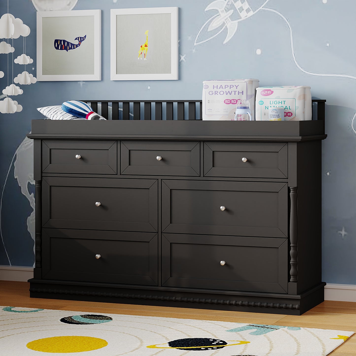 Oxylife Baby Dresser with Changing Table Top for Nursery with 7 Storage Drawers for Kids Bedroom,Black