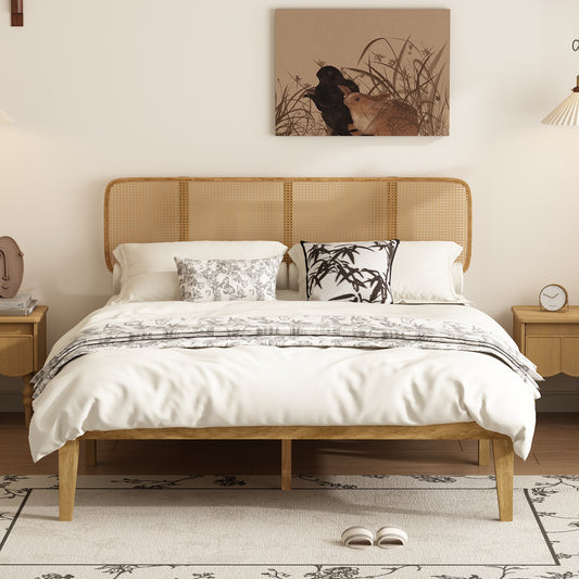 Oxylife Queen Size Solid Wood Platform Bed Frame with Vintage Headboard,15 Slats,Light Oak,82.9”L x 62”W x 40.9”H